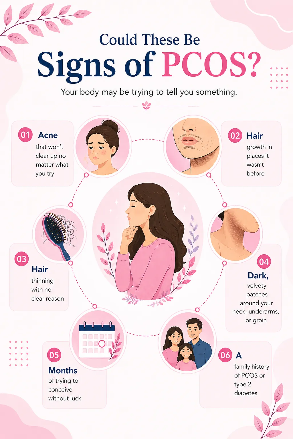 Could These Be Signs Of PCOS - Healing Touch Nursing Home Infographic listing six PCOS signs surrounding a central illustration of a woman: acne, excess hair, hair thinning, dark patches, months of trying, and family history.