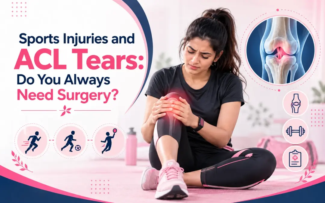 Woman sits on a pink gym mat clutching her knee in pain, with a poster about ACL tears and surgery options in the background.